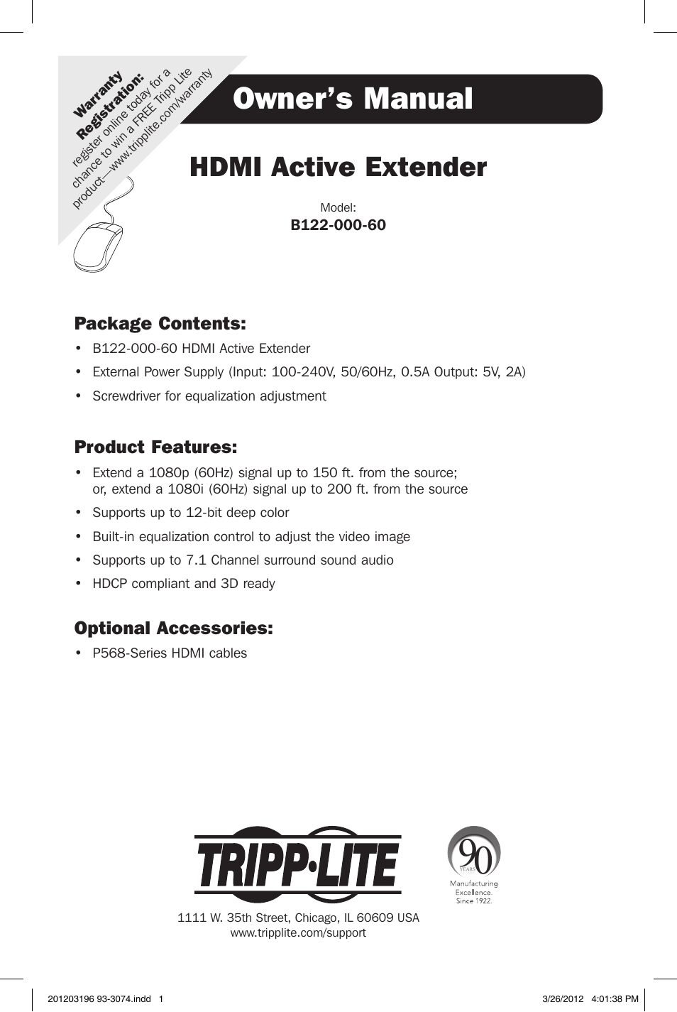 Tripp Lite HDMI ACTIVE EXTENDER B122-000-60 User Manual | 4 pages