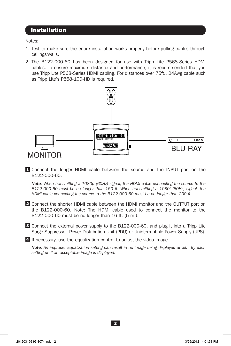 Monitor blu-ray, Installation | Tripp Lite HDMI ACTIVE EXTENDER B122-000-60 User Manual | Page 2 / 4