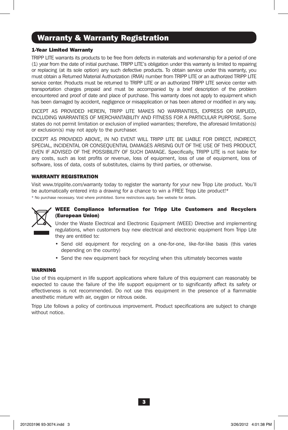 Warranty & warranty registration | Tripp Lite HDMI ACTIVE EXTENDER B122-000-60 User Manual | Page 3 / 4