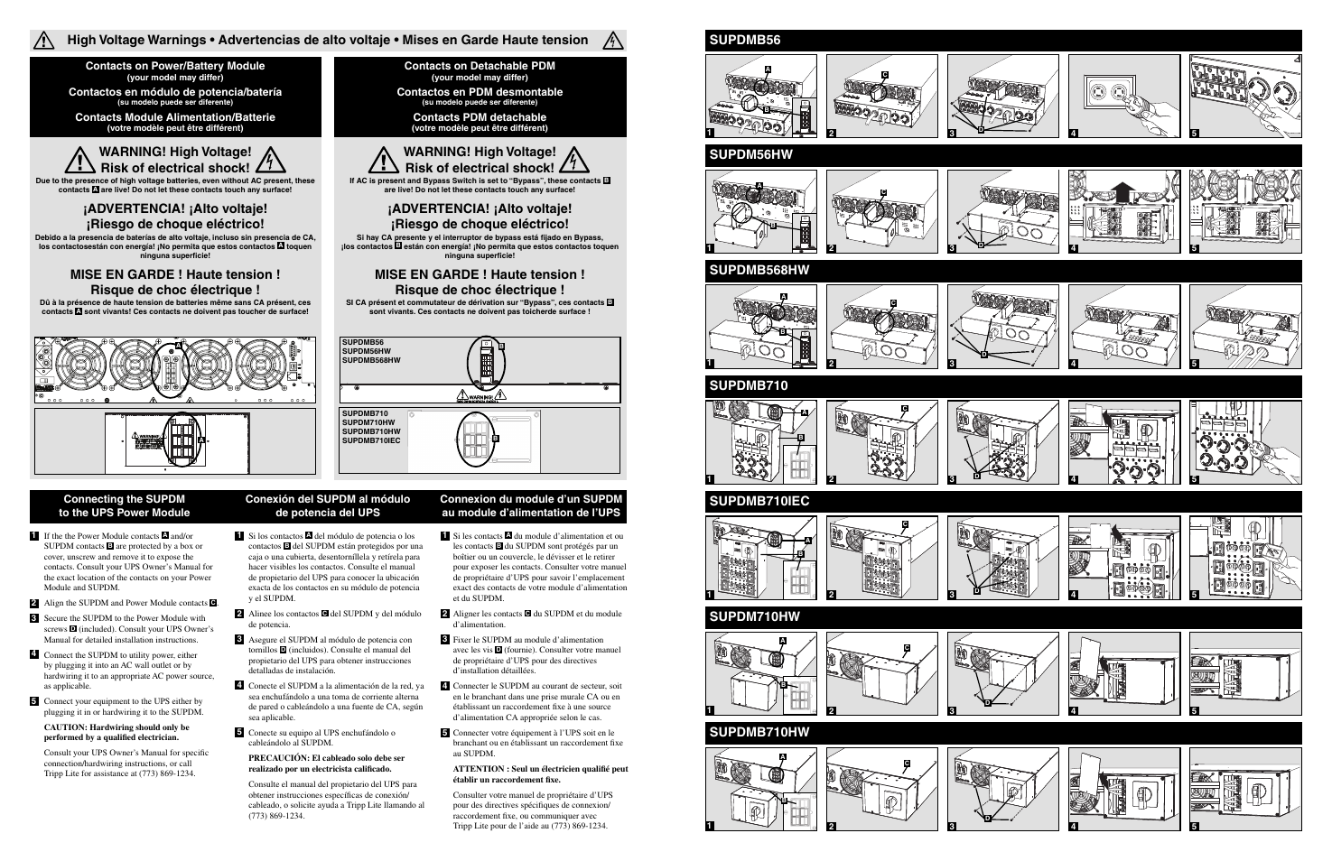 Warning! high voltage! risk of electrical shock, Supdmb56, Supdm56hw | Supdmb710, Supdm710hw, Supdmb710hw, Supdmb568hw, Supdmb710iec, Contacts on power/battery module, Contactos en módulo de potencia/batería | Tripp Lite 932645 User Manual | Page 2 / 2