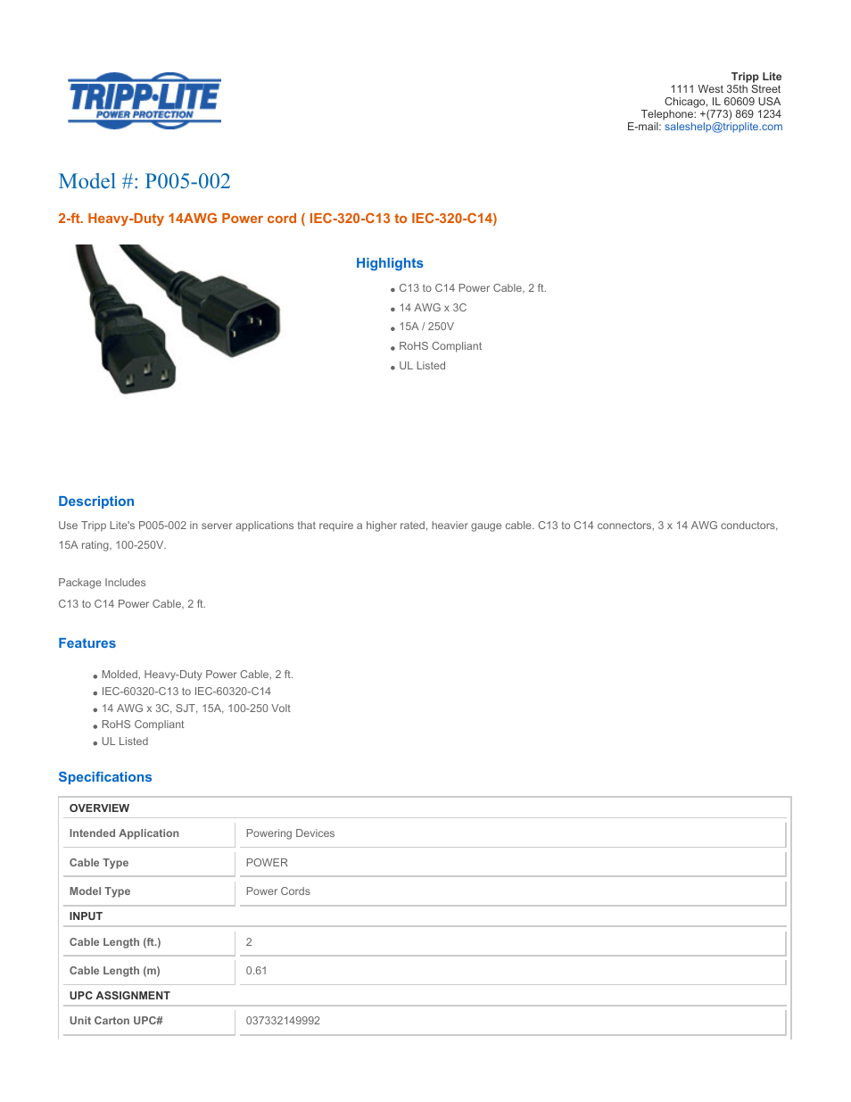 Tripp Lite P005-002 User Manual | 2 pages