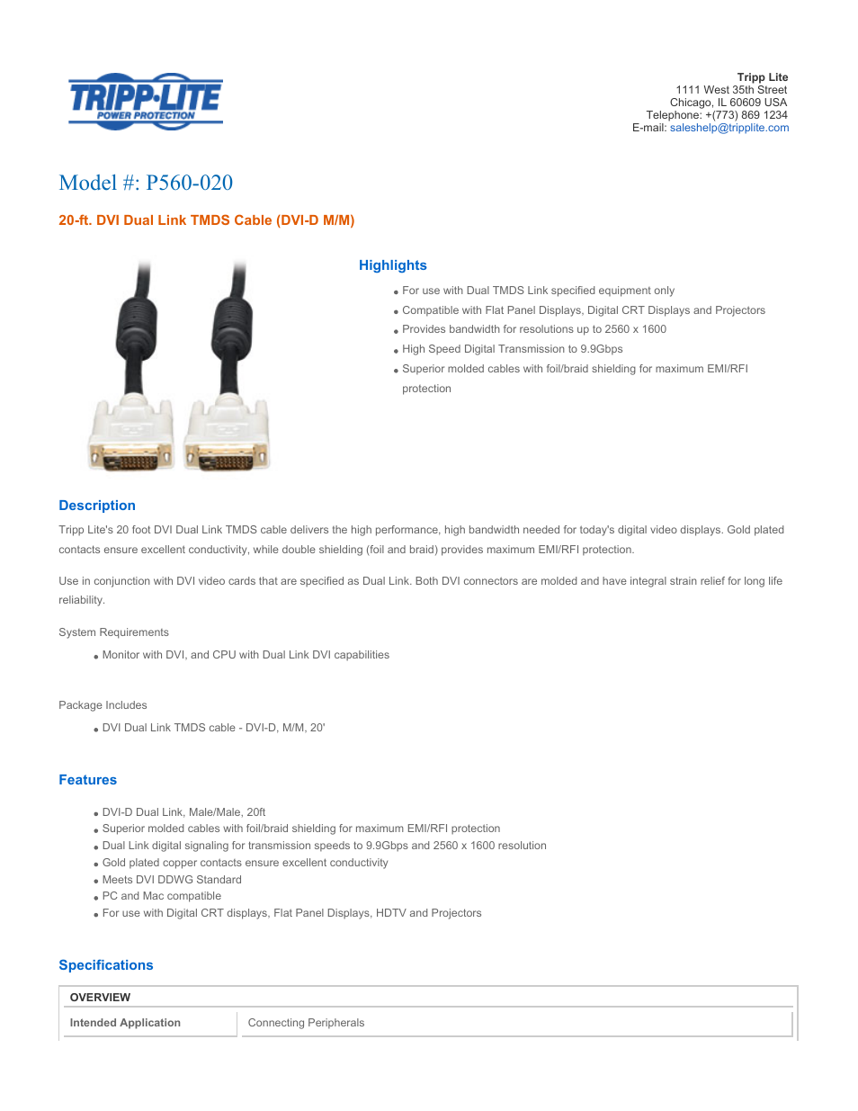 Tripp Lite Computer Display Cable P560-020 User Manual | 2 pages