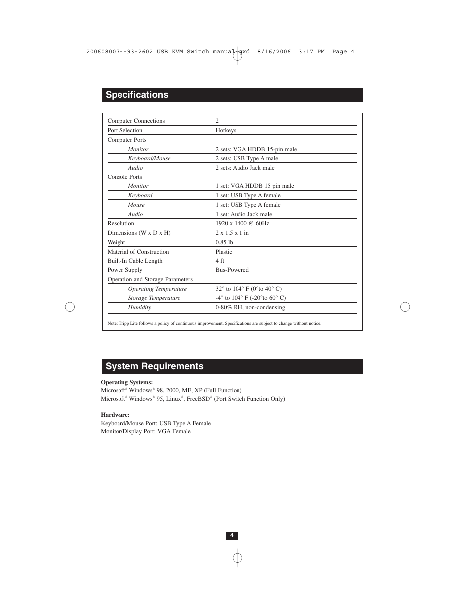 Specifications, System requirements | Tripp Lite B034-102-R User Manual | Page 4 / 8