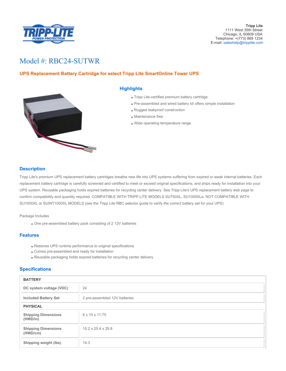 Tripp Lite UPS Replacement Battery Cartridge RBC24-SUTWR User Manual | 2 pages