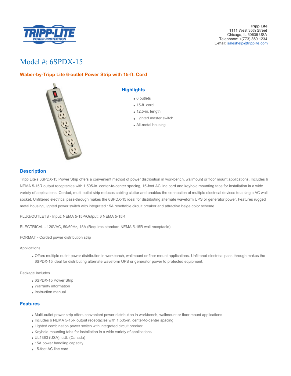 Tripp Lite 6SPDX-15 User Manual | 3 pages