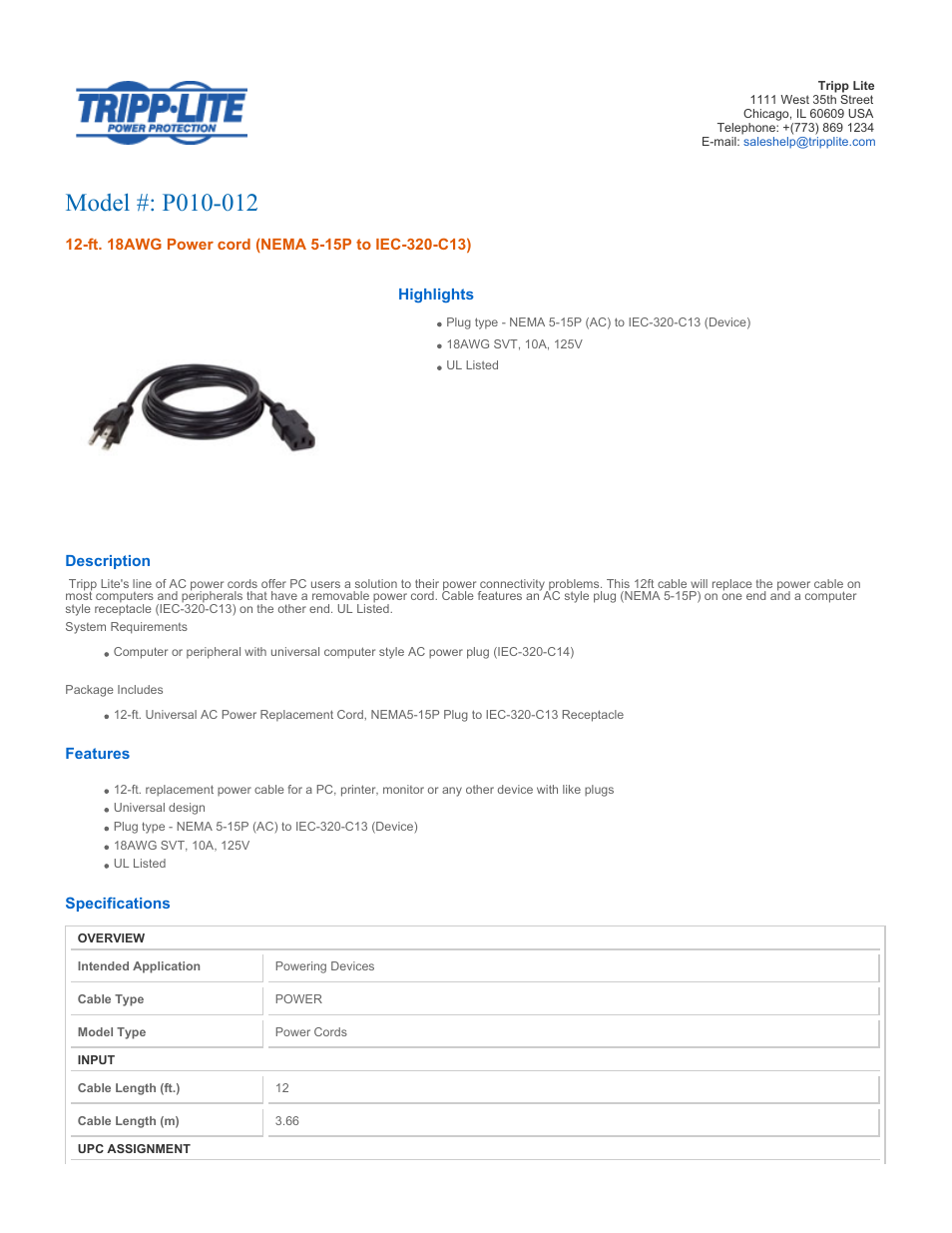 Tripp Lite P010-012 User Manual | 2 pages