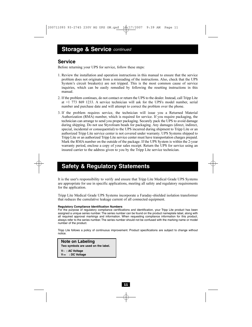 Storage & service, Safety & regulatory statements, Service | Tripp Lite Medical Grade UPS Systems SMX & OMNIX User Manual | Page 11 / 32