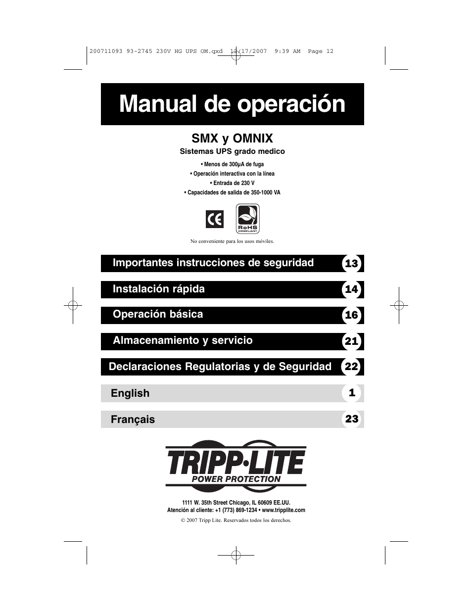Manual de operación, Smx y omnix | Tripp Lite Medical Grade UPS Systems SMX & OMNIX User Manual | Page 12 / 32