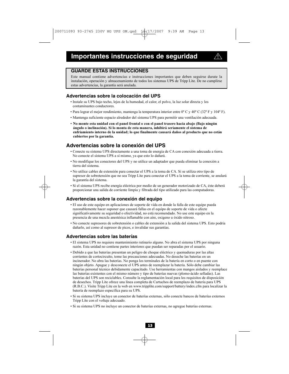 Importantes instrucciones de seguridad, Advertencias sobre la conexión del ups | Tripp Lite Medical Grade UPS Systems SMX & OMNIX User Manual | Page 13 / 32