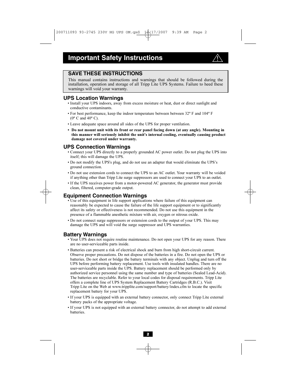 Important safety instructions | Tripp Lite Medical Grade UPS Systems SMX & OMNIX User Manual | Page 2 / 32