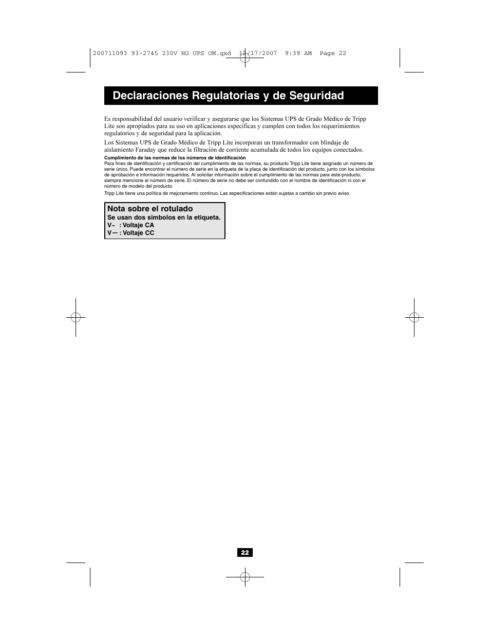 Declaraciones regulatorias y de seguridad | Tripp Lite Medical Grade UPS Systems SMX & OMNIX User Manual | Page 22 / 32