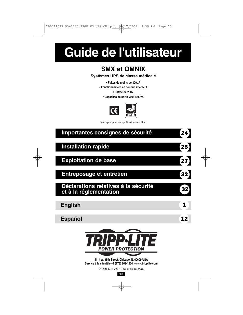 Guide de l'utilisateur, Smx et omnix | Tripp Lite Medical Grade UPS Systems SMX & OMNIX User Manual | Page 23 / 32