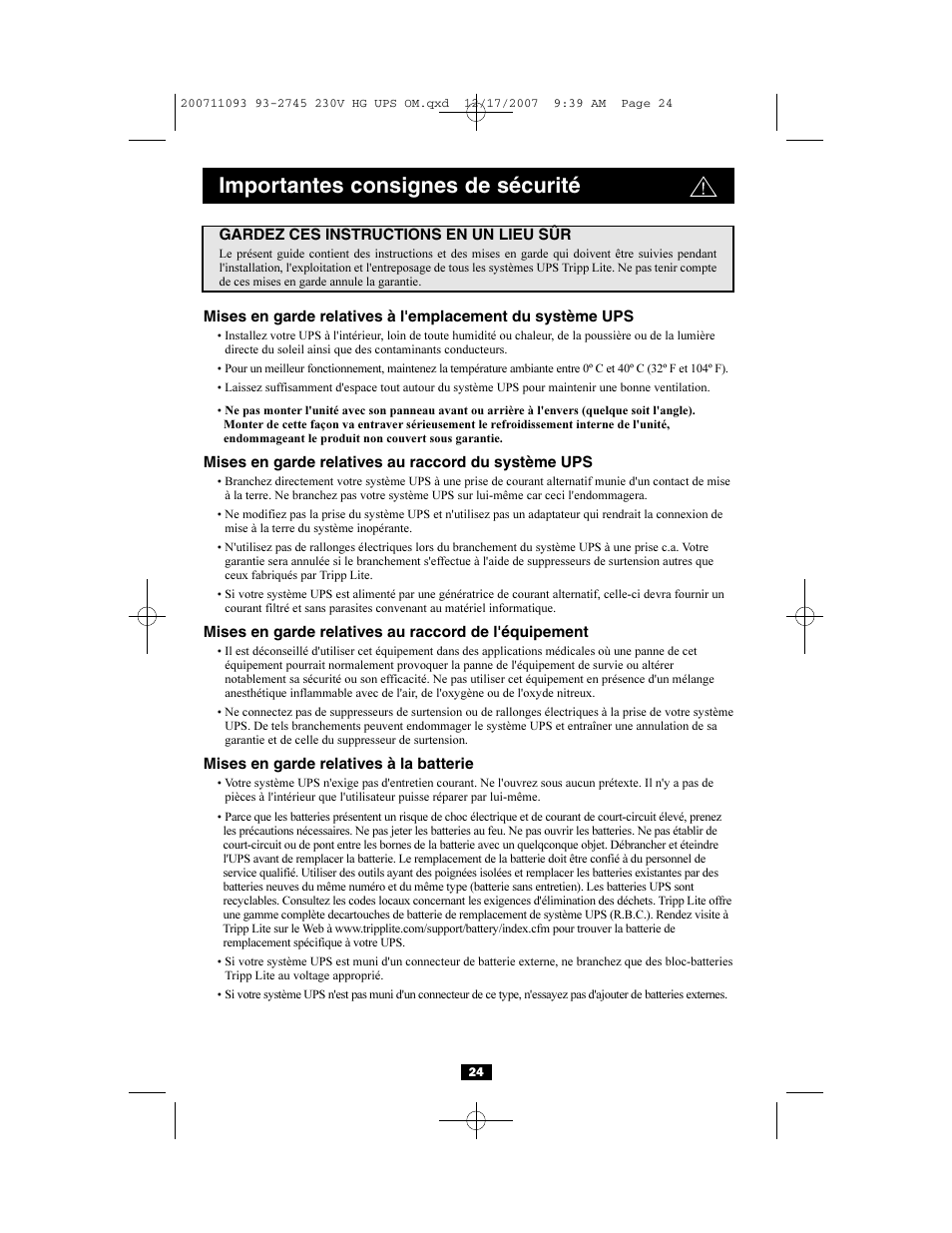 Importantes consignes de sécurité | Tripp Lite Medical Grade UPS Systems SMX & OMNIX User Manual | Page 24 / 32
