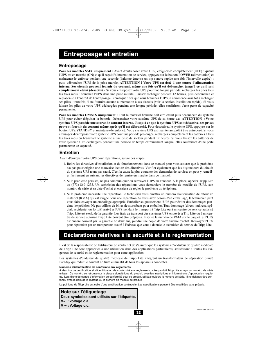 Entreposage et entretien | Tripp Lite Medical Grade UPS Systems SMX & OMNIX User Manual | Page 32 / 32