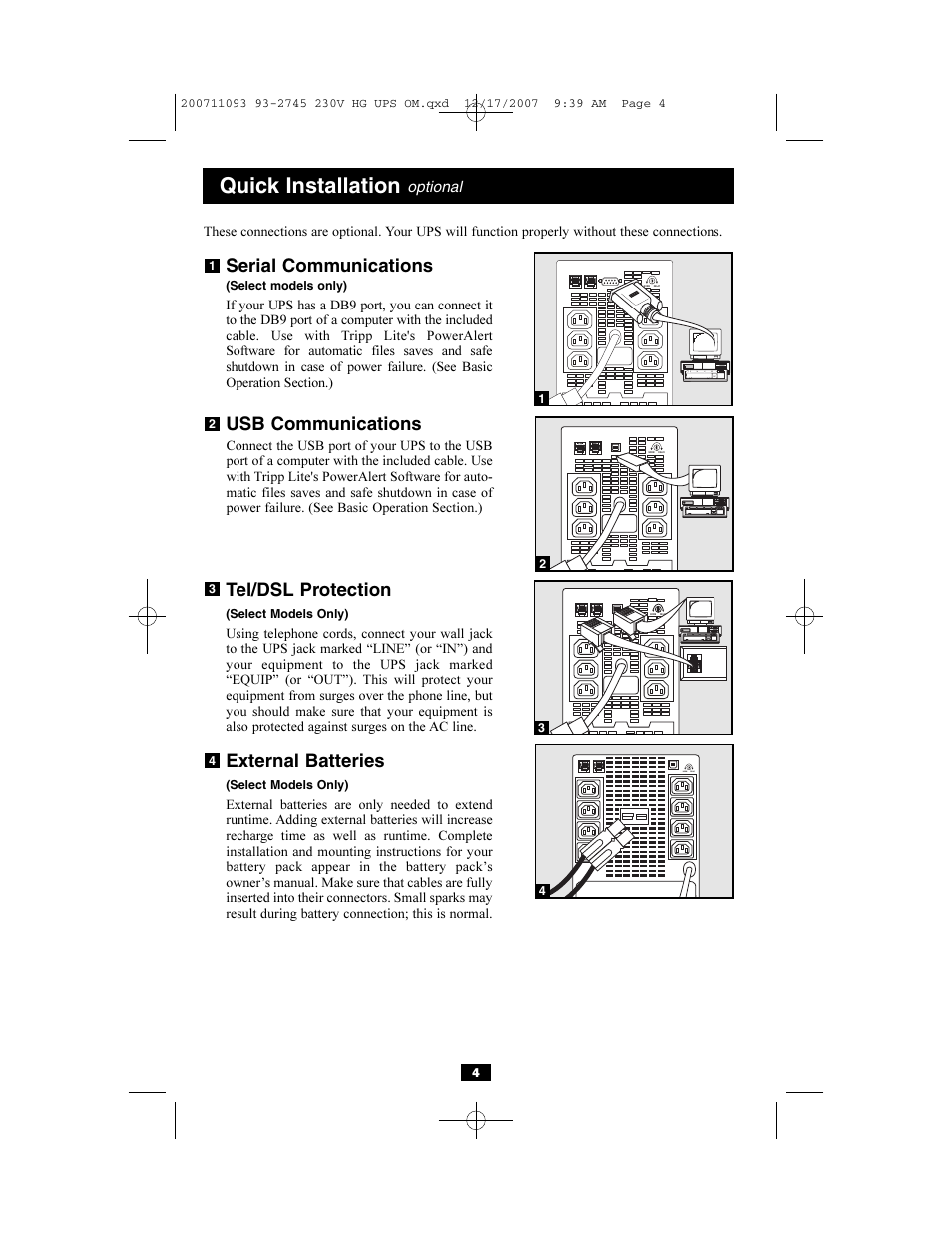 Quick installation, Serial communications, Usb communications | Tel/dsl protection, External batteries | Tripp Lite Medical Grade UPS Systems SMX & OMNIX User Manual | Page 4 / 32