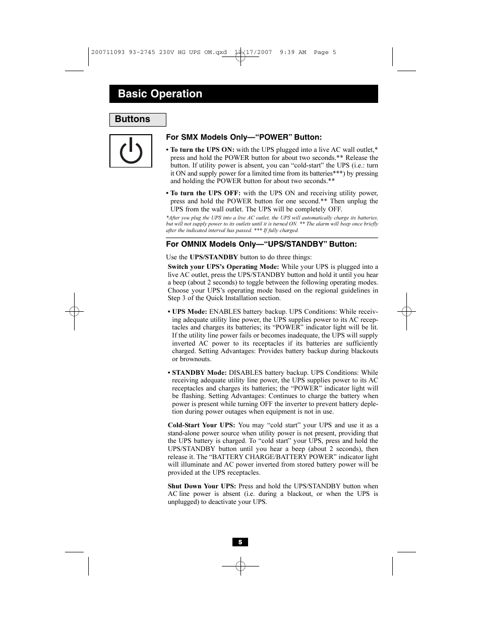 Basic operation, Buttons | Tripp Lite Medical Grade UPS Systems SMX & OMNIX User Manual | Page 5 / 32