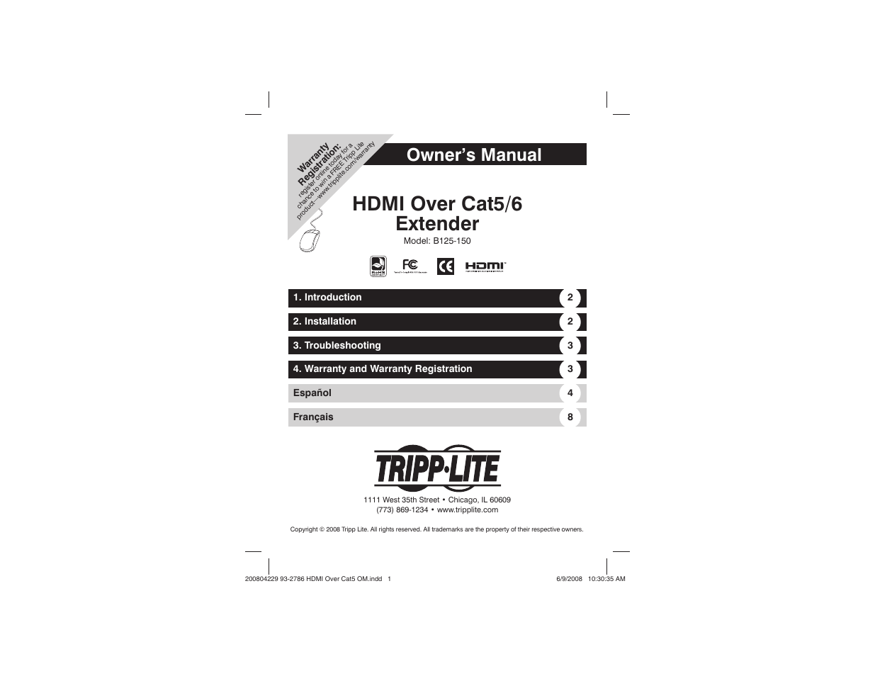 Tripp Lite HDMI Over Cat5/6 Extender B125-150 User Manual | 7 pages