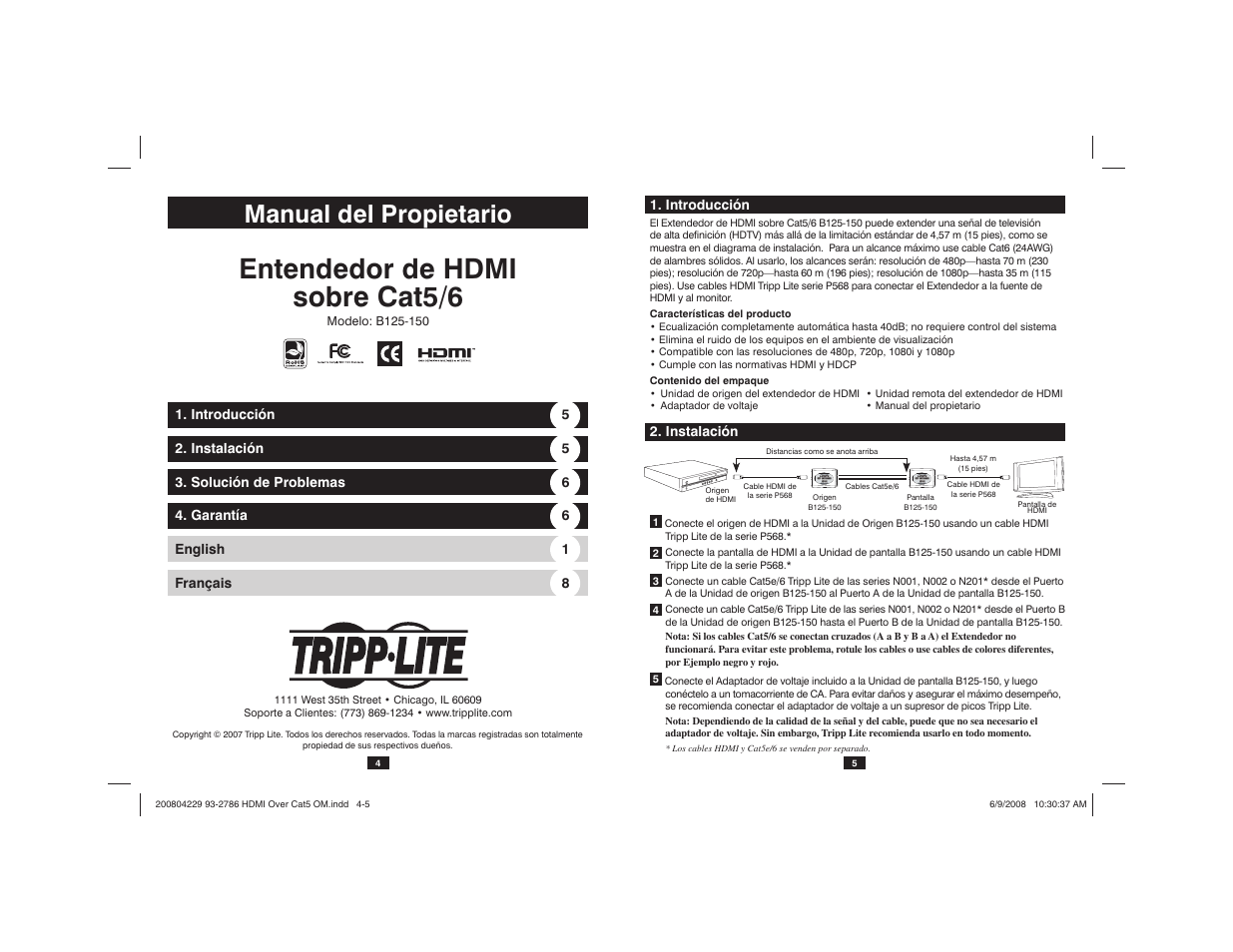 Entendedor de hdmi sobre cat5/6, Manual del propietario | Tripp Lite HDMI Over Cat5/6 Extender B125-150 User Manual | Page 3 / 7