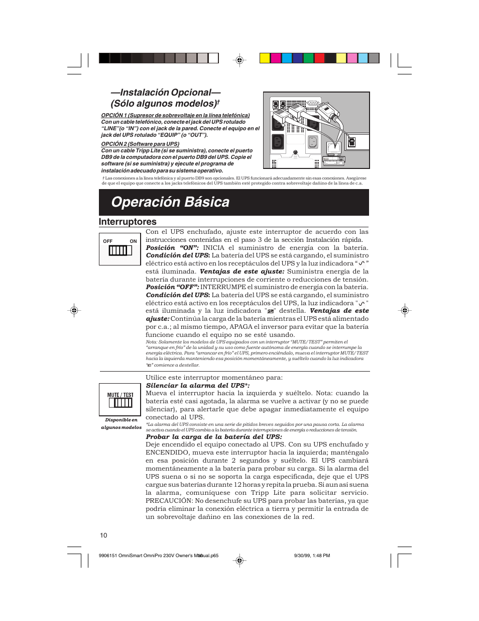 Operación básica, Instalación opcional— (sólo algunos modelos), Interruptores | Tripp Lite OMNIPRO User Manual | Page 10 / 32