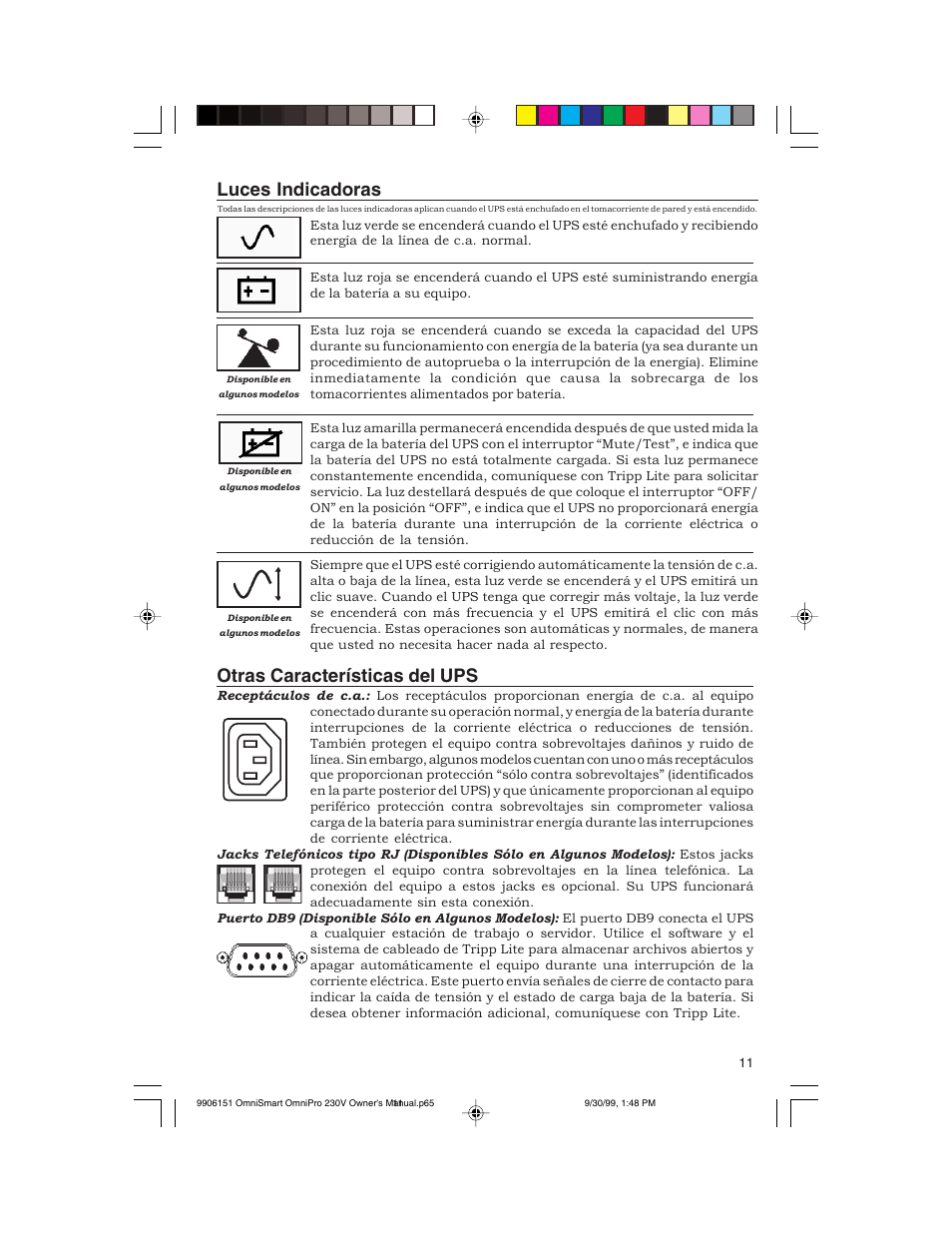 Luces indicadoras, Otras características del ups | Tripp Lite OMNIPRO User Manual | Page 11 / 32