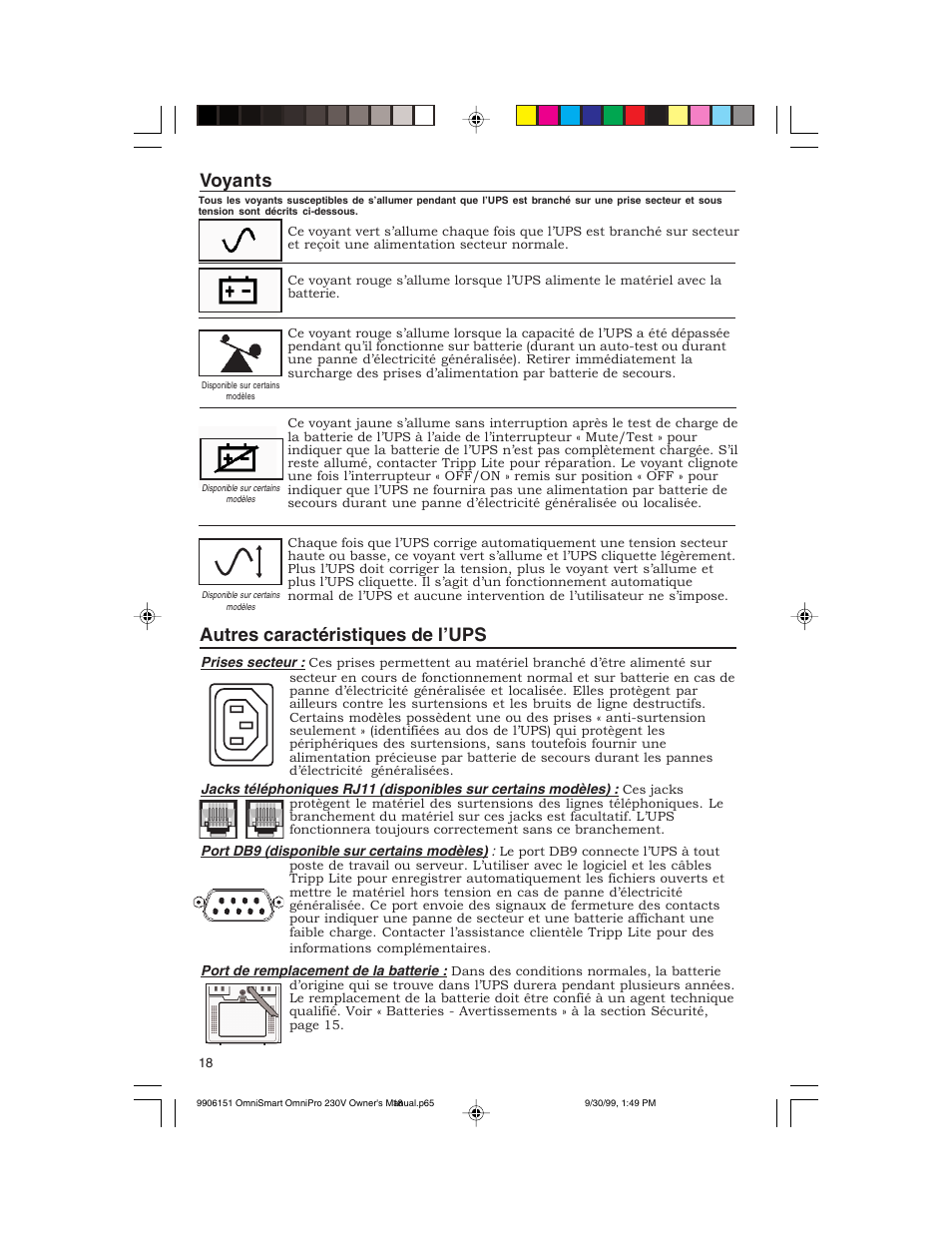 Voyants, Autres caractéristiques de l’ups | Tripp Lite OMNIPRO User Manual | Page 18 / 32