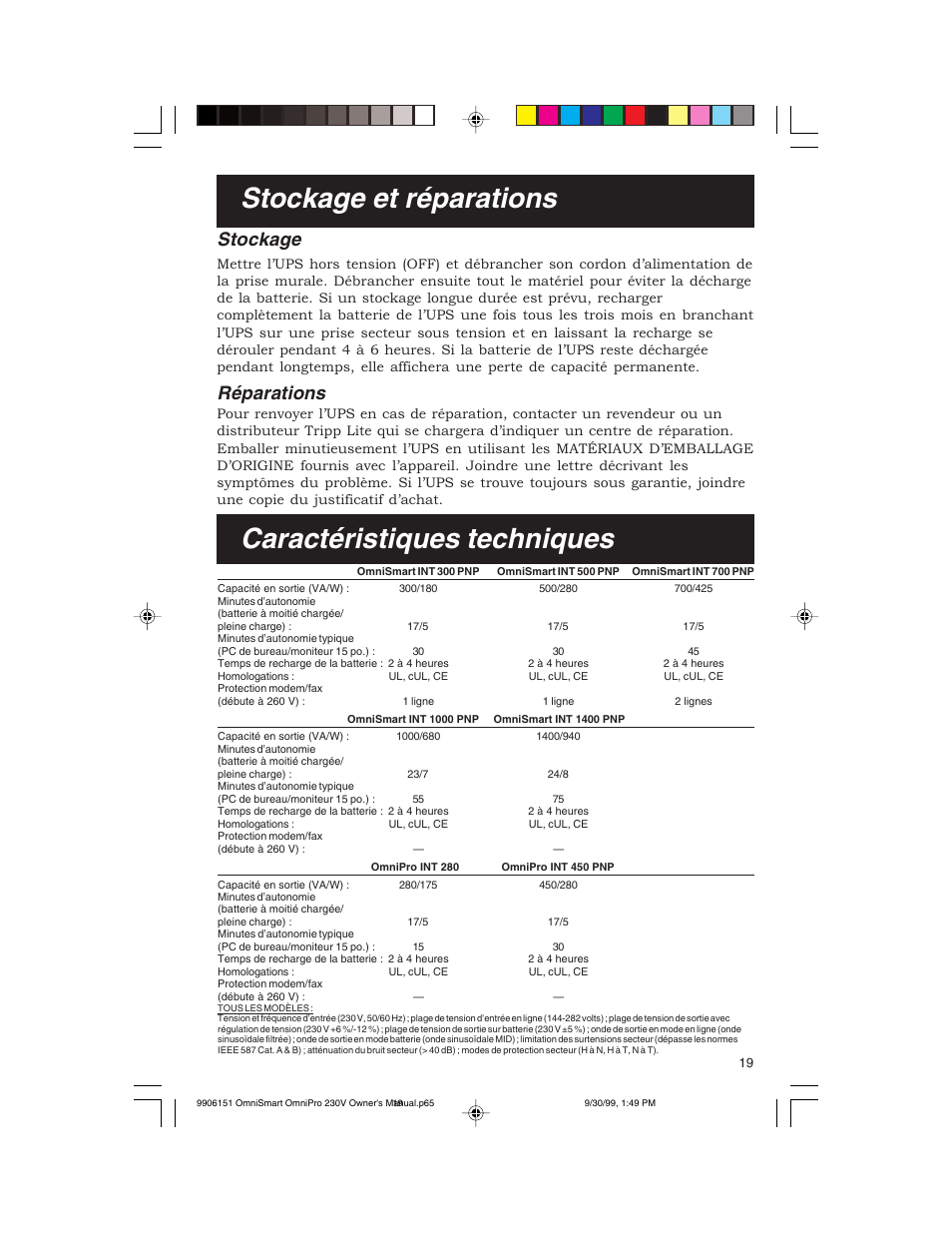 Stockage et réparations, Caractéristiques techniques, Stockage | Réparations | Tripp Lite OMNIPRO User Manual | Page 19 / 32