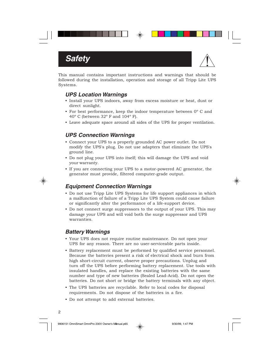 Safety, Ups location warnings, Ups connection warnings | Equipment connection warnings, Battery warnings | Tripp Lite OMNIPRO User Manual | Page 2 / 32