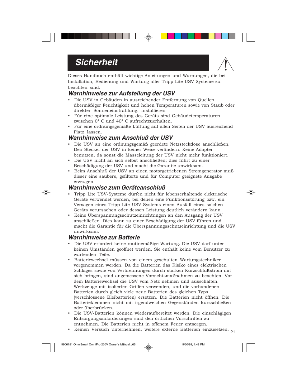 Sicherheit, Warnhinweise zur aufstellung der usv, Warnhinweise zum anschluß der usv | Warnhinweise zum geräteanschluß, Warnhinweise zur batterie | Tripp Lite OMNIPRO User Manual | Page 21 / 32