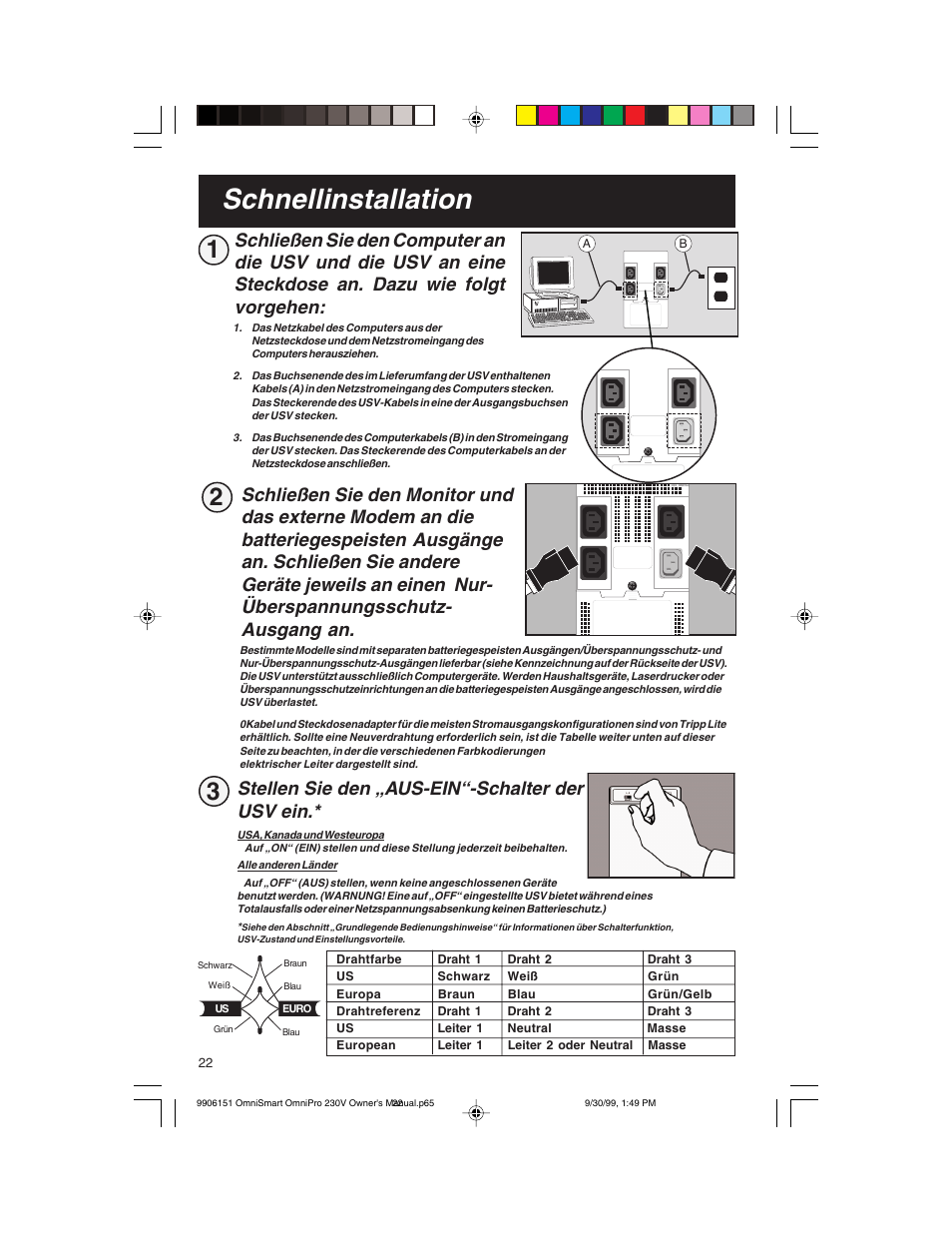 Schnellinstallation, Stellen sie den „aus-ein“-schalter der usv ein | Tripp Lite OMNIPRO User Manual | Page 22 / 32