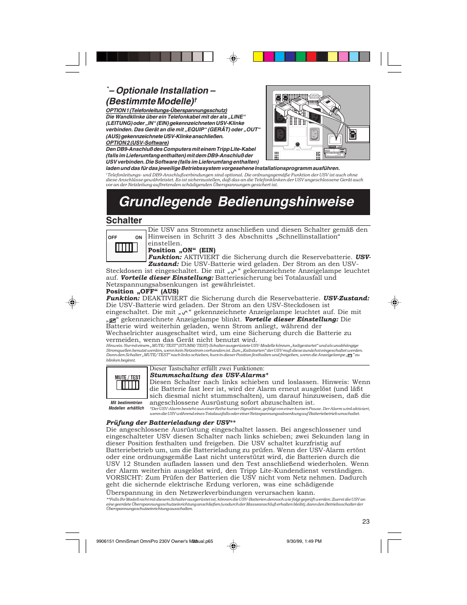 Grundlegende bedienungshinweise, Optionale installation – (bestimmte modelle), Schalter | Tripp Lite OMNIPRO User Manual | Page 23 / 32