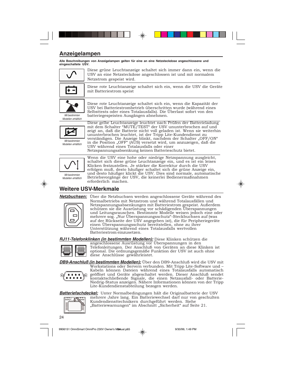 Anzeigelampen, Weitere usv-merkmale | Tripp Lite OMNIPRO User Manual | Page 24 / 32