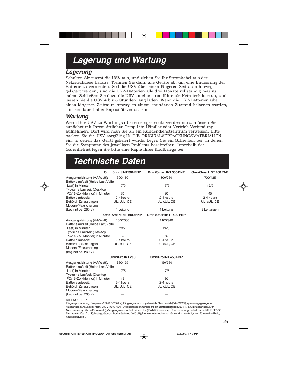 Lagerung und wartung, Technische daten, Lagerung | Wartung | Tripp Lite OMNIPRO User Manual | Page 25 / 32