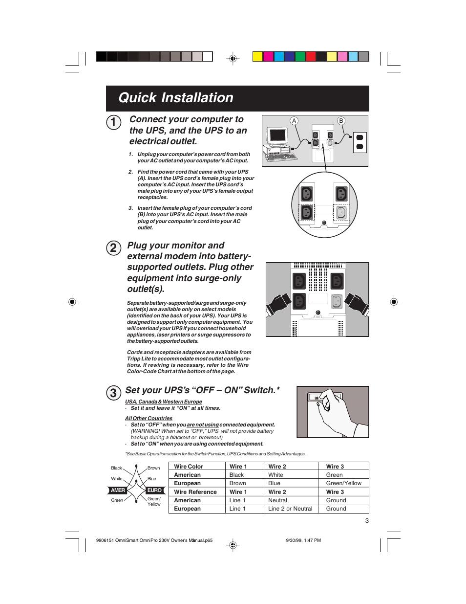 Quick installation, Set your ups’s “off – on” switch | Tripp Lite OMNIPRO User Manual | Page 3 / 32