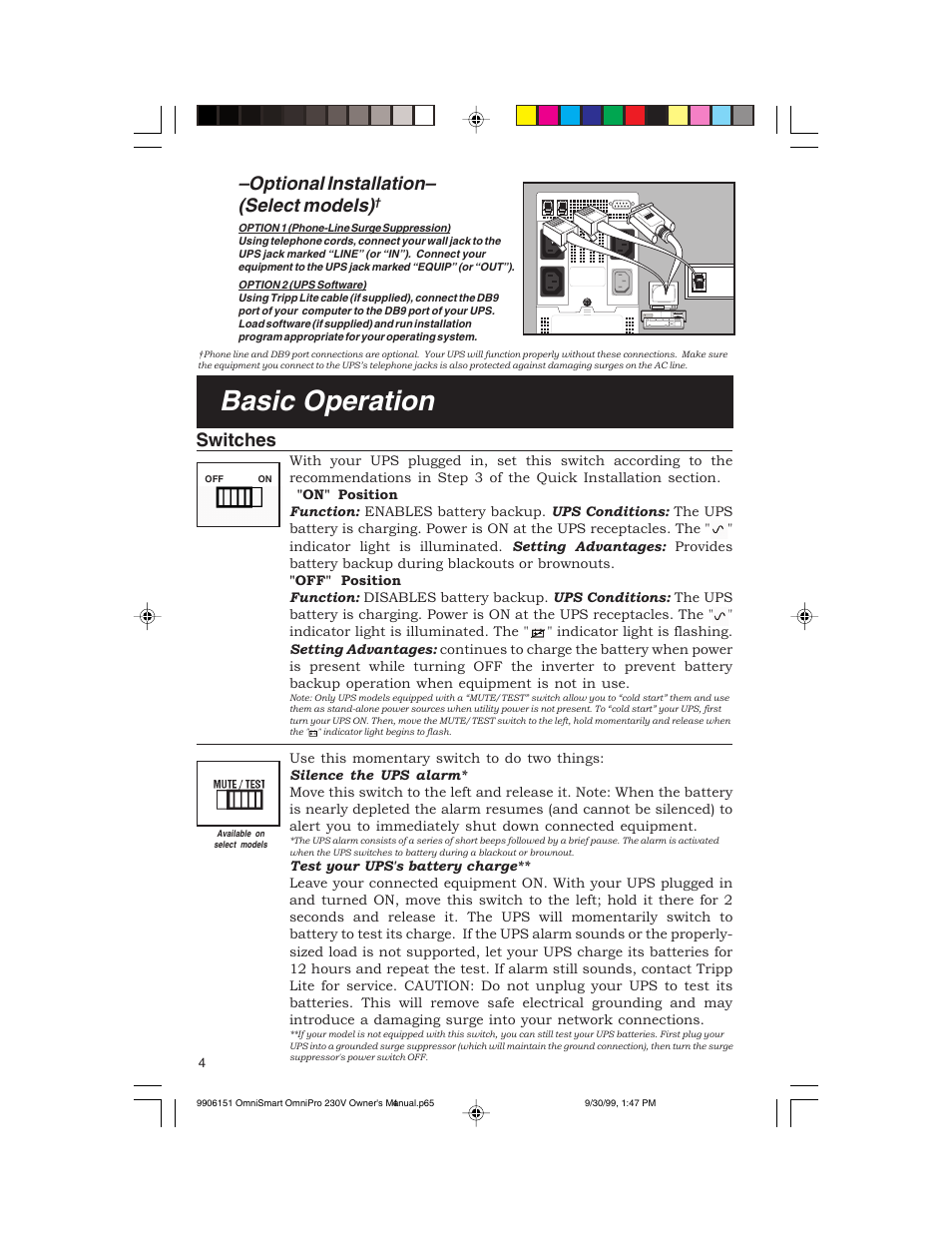 Basic operation, Optional installation– (select models), Switches | Tripp Lite OMNIPRO User Manual | Page 4 / 32