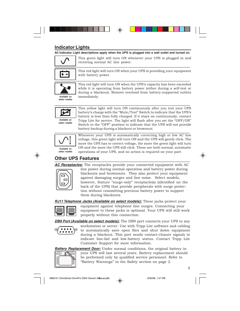 Indicator lights, Other ups features | Tripp Lite OMNIPRO User Manual | Page 5 / 32