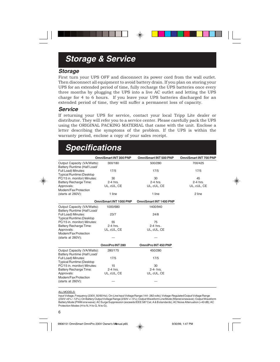 Storage & service, Specifications, Storage | Service | Tripp Lite OMNIPRO User Manual | Page 6 / 32