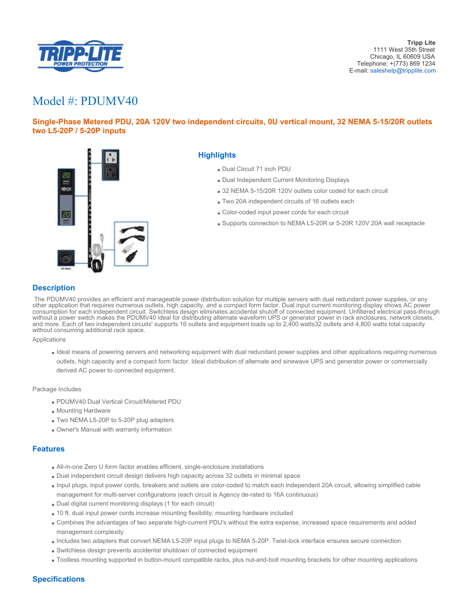 Tripp Lite PDUMV40 User Manual | 4 pages