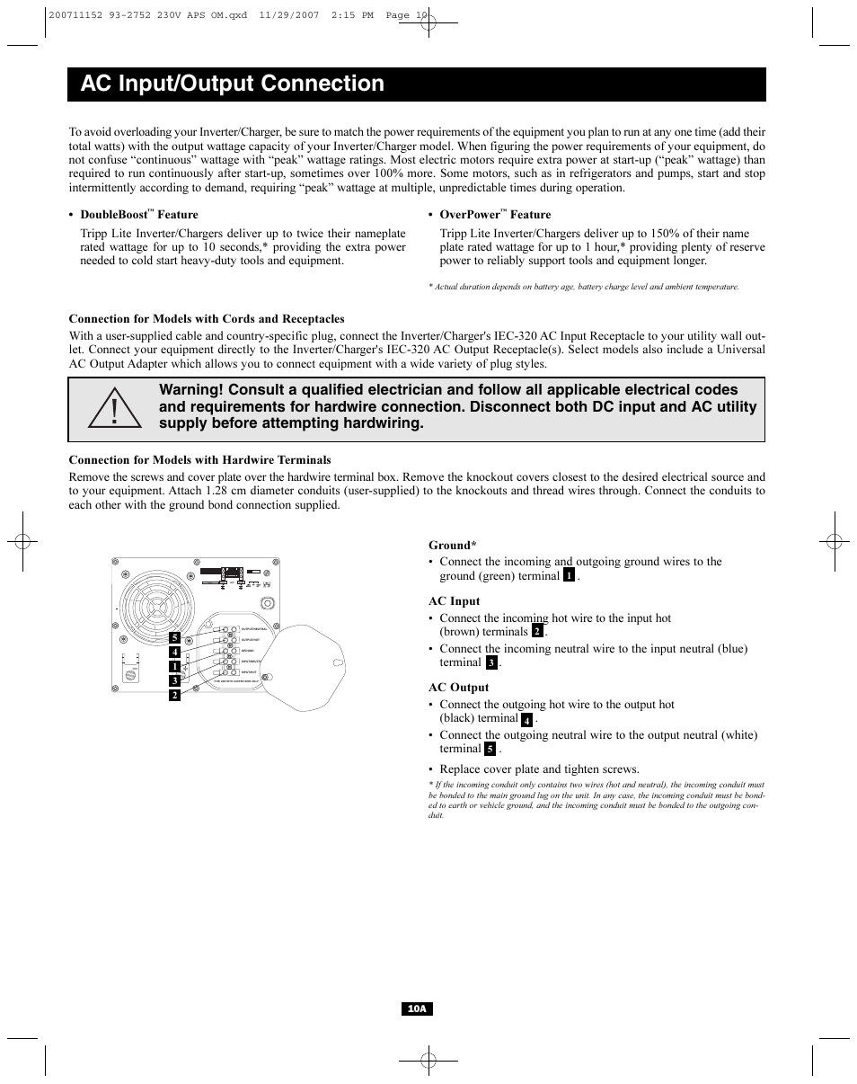 Ac input/output connection | Tripp Lite APINT Series User Manual | Page 10 / 44