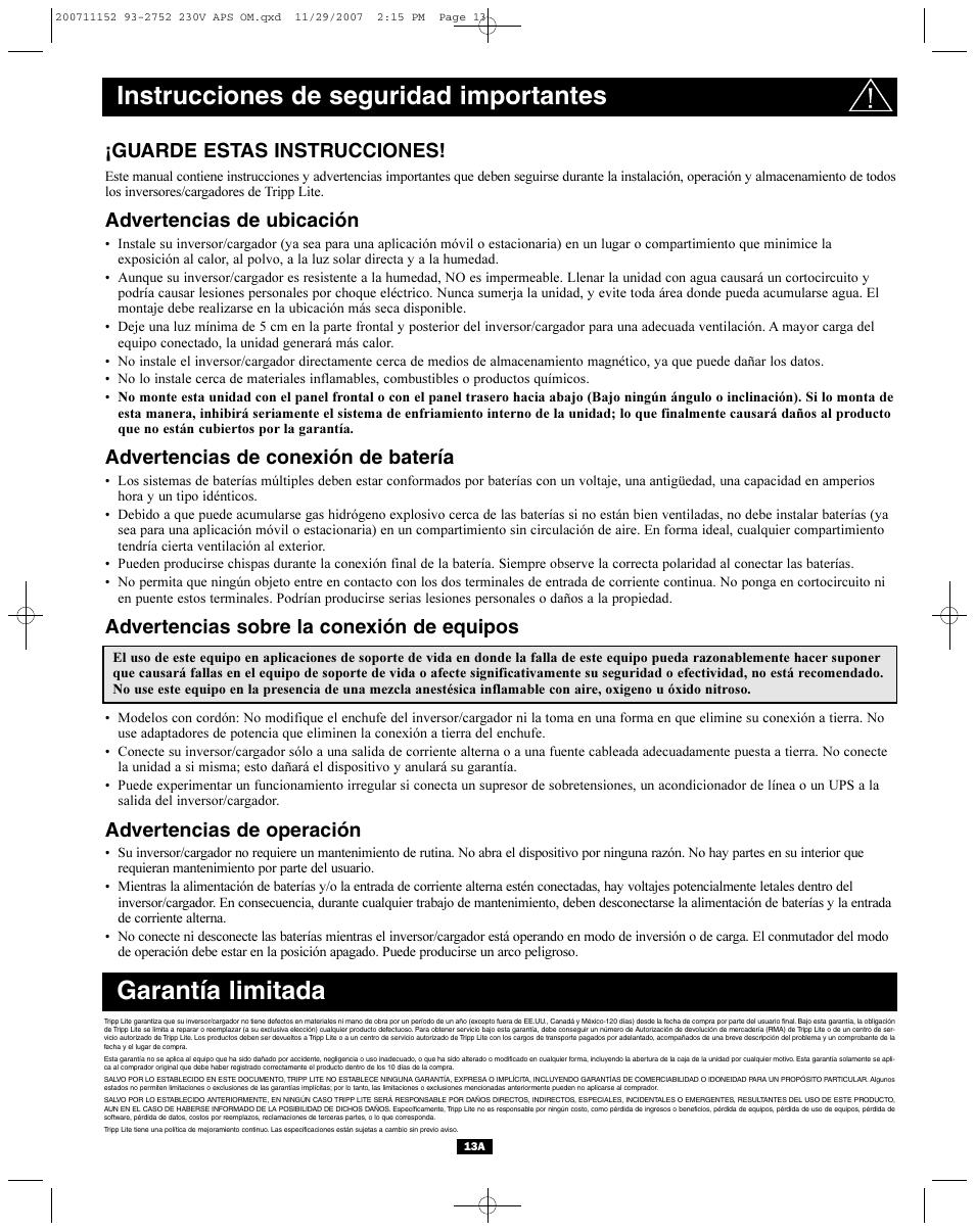 Garantía limitada, Instrucciones de seguridad importantes, Guarde estas instrucciones | Advertencias de ubicación, Advertencias de conexión de batería, Advertencias sobre la conexión de equipos, Advertencias de operación | Tripp Lite APINT Series User Manual | Page 13 / 44