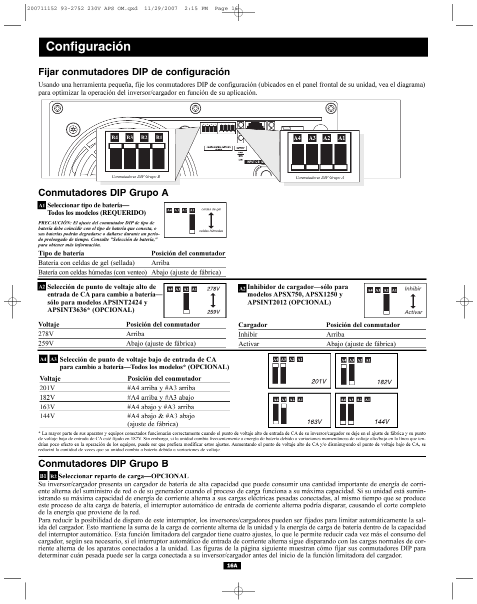 Configuración, Fijar conmutadores dip de configuración, Conmutadores dip grupo a | Conmutadores dip grupo b | Tripp Lite APINT Series User Manual | Page 16 / 44