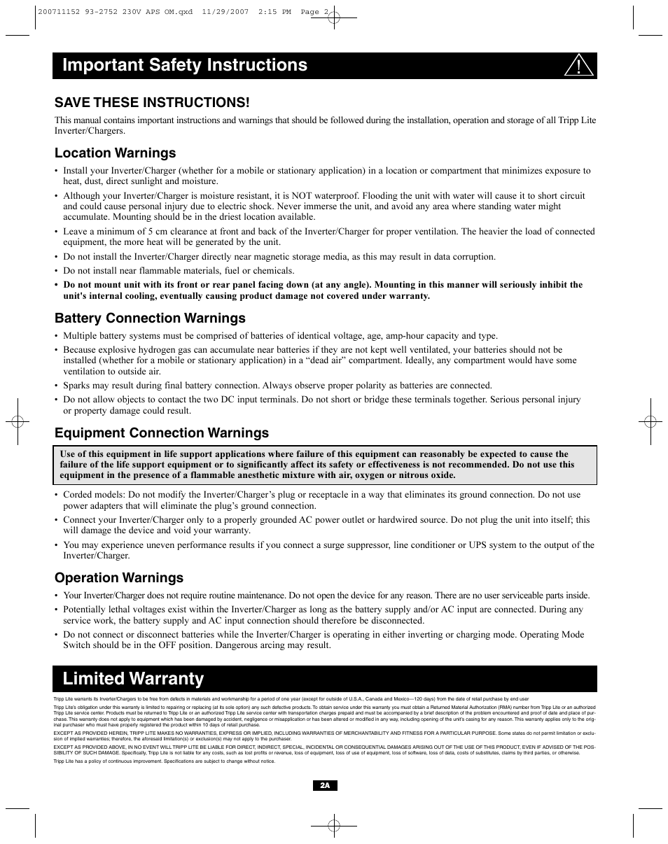 Limited warranty, Important safety instructions, Save these instructions | Location warnings, Battery connection warnings, Equipment connection warnings, Operation warnings | Tripp Lite APINT Series User Manual | Page 2 / 44