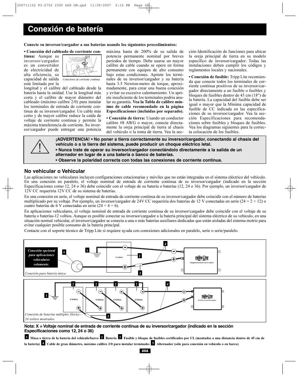 Conexión de batería, No vehicular o vehicular | Tripp Lite APINT Series User Manual | Page 20 / 44