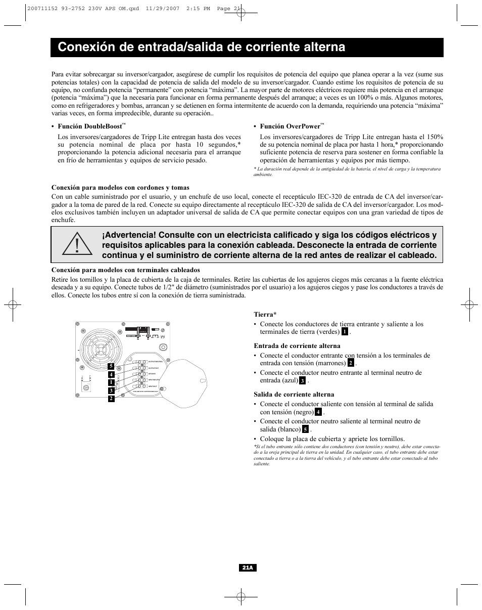 Conexión de entrada/salida de corriente alterna | Tripp Lite APINT Series User Manual | Page 21 / 44