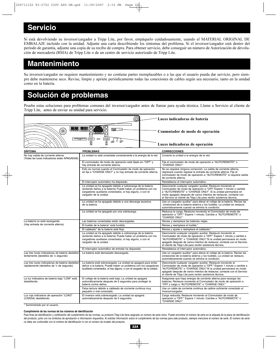 Servicio, Mantenimiento solución de problemas | Tripp Lite APINT Series User Manual | Page 22 / 44