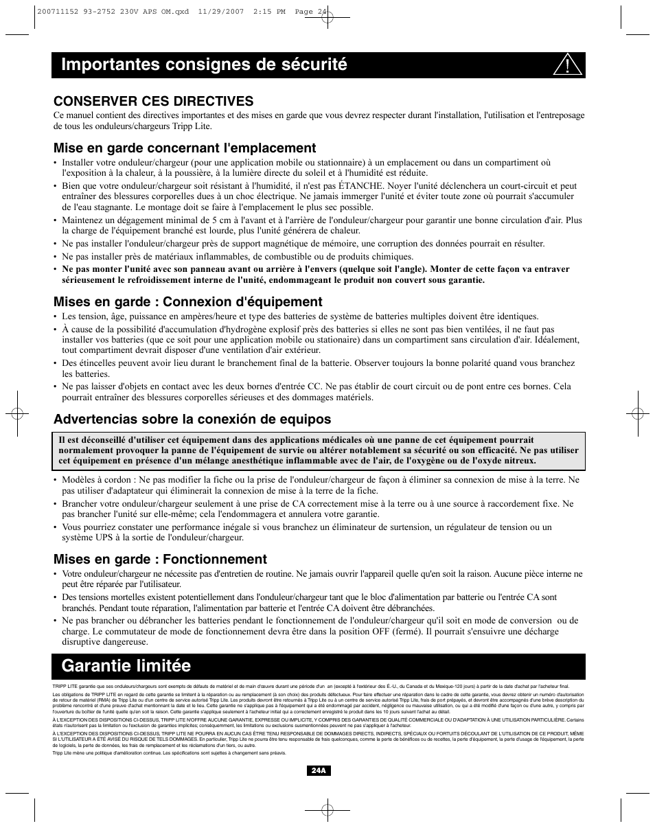 Garantie limitée, Importantes consignes de sécurité, Conserver ces directives | Mise en garde concernant l'emplacement, Mises en garde : connexion d'équipement, Advertencias sobre la conexión de equipos, Mises en garde : fonctionnement | Tripp Lite APINT Series User Manual | Page 24 / 44