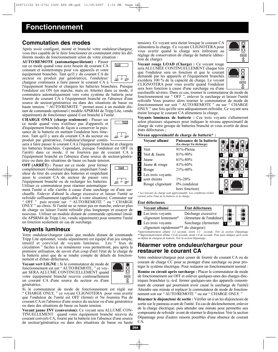 Fonctionnement, Commutation des modes, Voyants lumineux | Tripp Lite APINT Series User Manual | Page 26 / 44