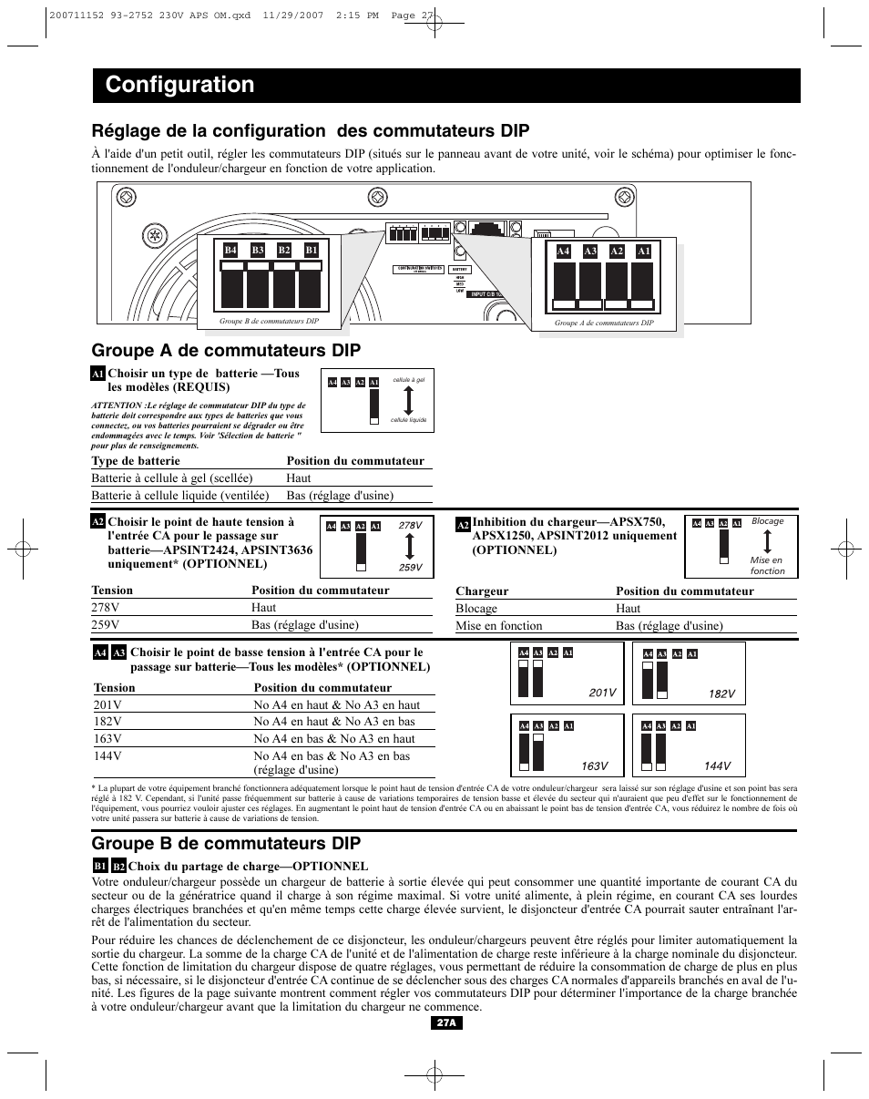 Configuration, Réglage de la configuration des commutateurs dip, Groupe a de commutateurs dip | Groupe b de commutateurs dip | Tripp Lite APINT Series User Manual | Page 27 / 44