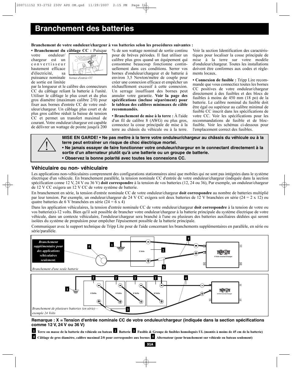 Branchement des batteries, Véhiculaire ou non- véhiculaire | Tripp Lite APINT Series User Manual | Page 31 / 44