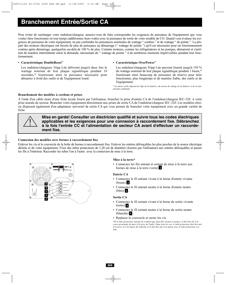 Branchement entrée/sortie ca | Tripp Lite APINT Series User Manual | Page 32 / 44