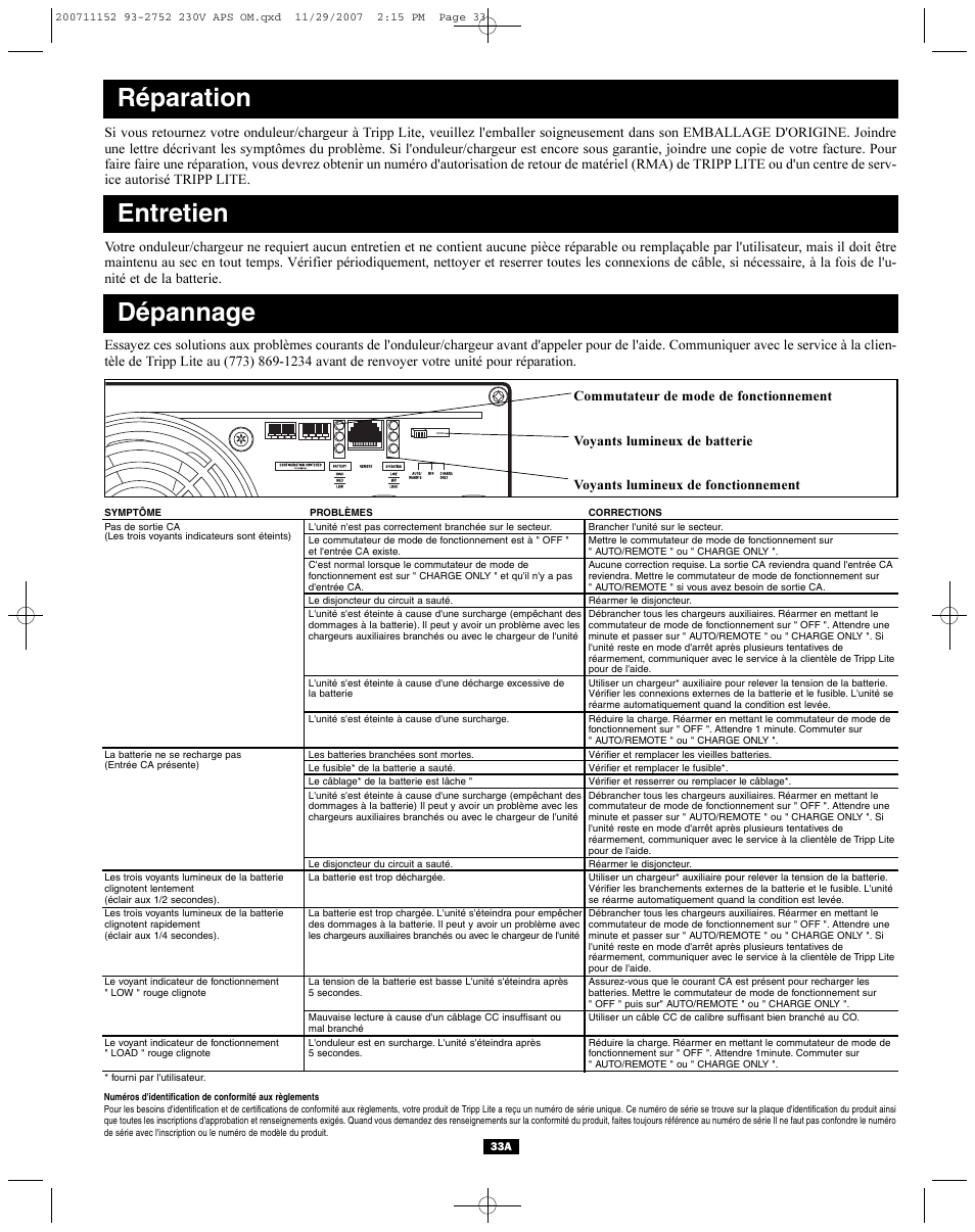 Réparation, Entretien dépannage | Tripp Lite APINT Series User Manual | Page 33 / 44
